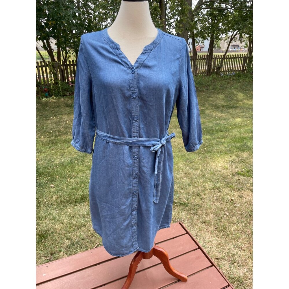 Christopher & Banks M Blue Denim Chambray Belted Dress Y2K Midi Teachercore